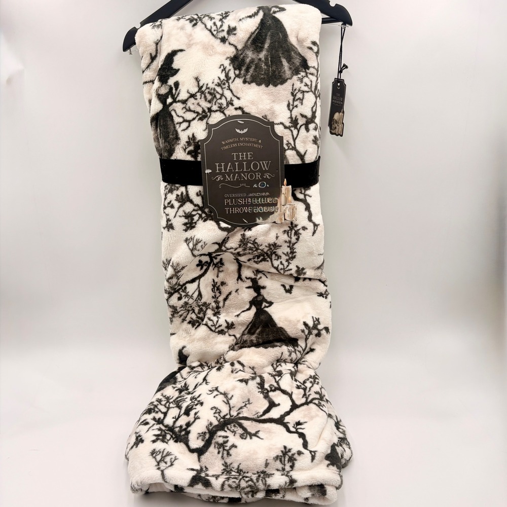 The Hallow Manor Witch Toile Oversized Plush Throw Blanket 60x70 Grey Cream NEW